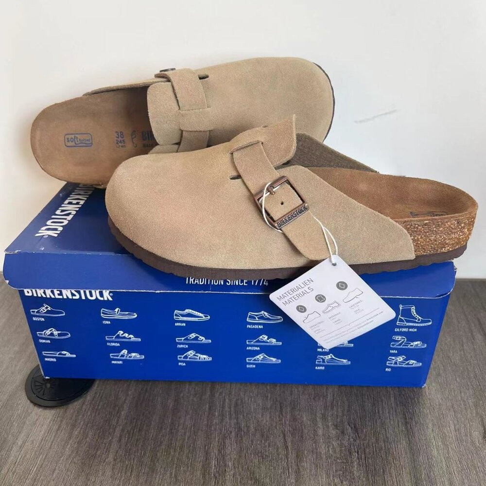 Birkenstock Boston Soft Footbed Suede Taupe Leather Narrow Fit Clogs